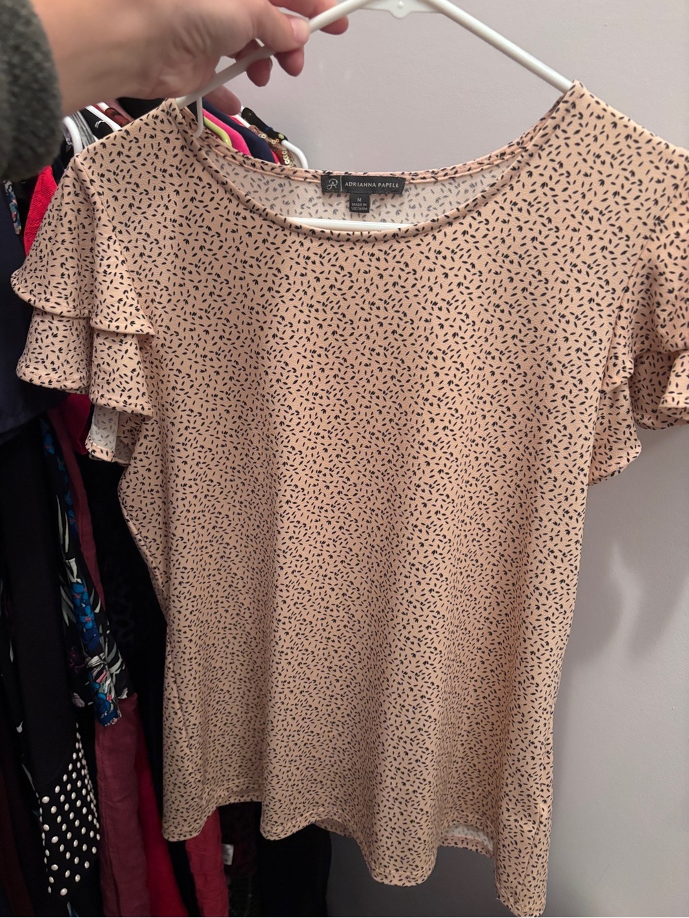 Adrianna Papell Blush Pink Dalmatian Dot Ruffle Sleeve Top